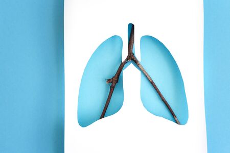 Pink paper lungs on the blue background. Minimal paper art. Coronavirus Covid 19 concept. World...