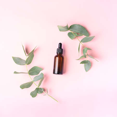 Glass dropper bottle with a pippette with black rubber tip and two branches of eucalyptus near it on the beautiful pink background. Nature Skin concept. Organic Spa Cosmetics. Trendy concept.の写真素材