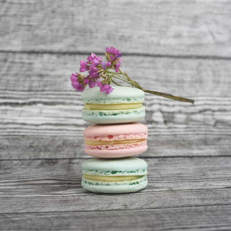 Three tasty french colored macarons and beautiful pink flowers above on the wooden background. Colorful macarons. Front view.の写真素材