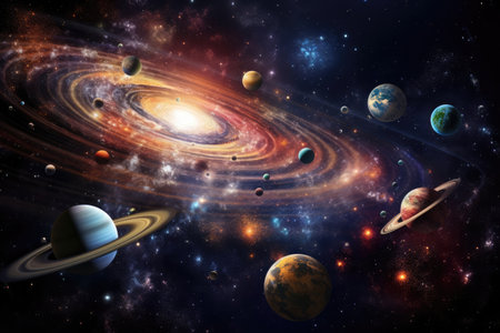 Abstract space background with planets and solar system. Fantastic multicolored outer space with stars, galaxies, planets and nebulae.の写真素材