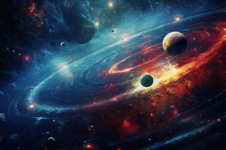 Abstract space background with planets and solar system. Fantastic multicolored outer space with stars, galaxies, planets and nebulae.の写真素材