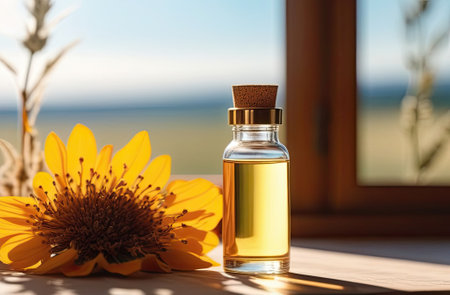 Glass dropper bottle with a pippette with rubber tip on the beautiful background. Nature Skin concept. Organic Spa Cosmetics. Eco friendly care organic Cosmetic product. Beauty treatment. Spa Concept.の素材