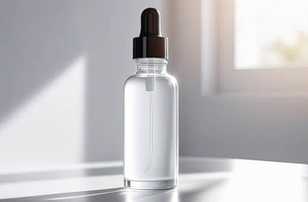 Glass dropper bottle with a pippette with rubber tip on the beautiful background. Nature Skin concept. Organic Spa Cosmetics. Eco friendly care organic Cosmetic product. Beauty treatment. Spa Concept.の素材
