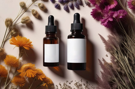 Glass dropper bottle with a pippette with rubber tip on the beautiful background. Nature Skin concept. Organic Spa Cosmetics. Eco friendly care organic Cosmetic product. Beauty treatment. Spa Concept.の写真素材