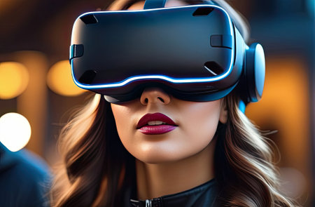 The portrait of young people wearing VR glasses, modern background. Technology, Contemporary art,...