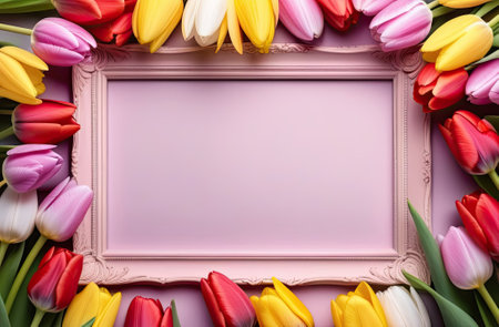Pastel colors frame with free place for text made from lot of tulips. Greeting card for spring holidays. Template for Birthday, Women's Day, Mother's Day. Floral picture.の写真素材