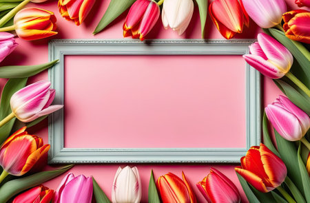 Pastel colors frame with free place for text made from lot of tulips. Greeting card for spring...