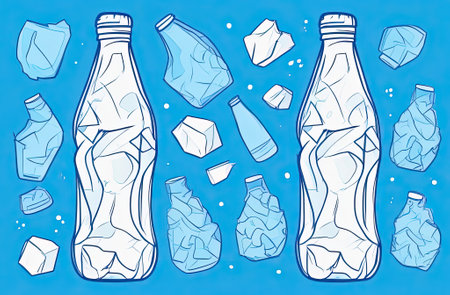 Illustration of used crushed plastic bottle on blue colored background. Recycling concept.