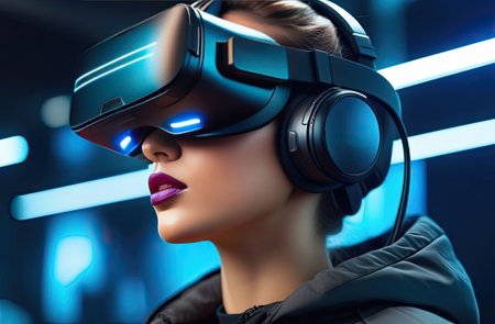The portrait of young people wearing VR glasses, modern background. Technology, Contemporary art, Virtual reality, video games concept.の写真素材