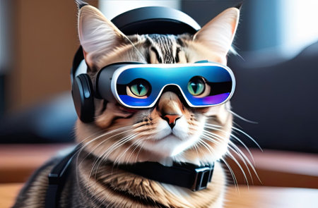 Close up of cat wearing VR glasses. Futuristic illustration. Modern technologies.の写真素材