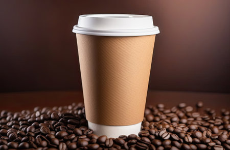 Eco friendly paper craft cup for coffee with black lid on the white wooden background. Zero waste, plastic free concept. Sustainable lifestyle. Front view.の写真素材
