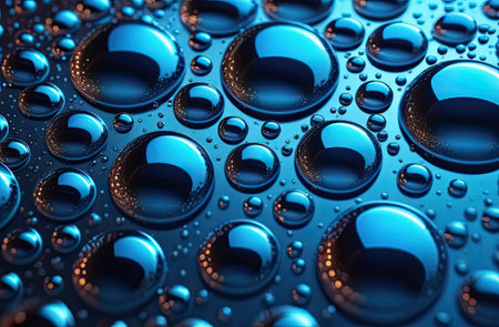 Lots organic oil bubbles on colored background. Concept of skin moisturizing. Oil and water bubbles macro photography.の写真素材
