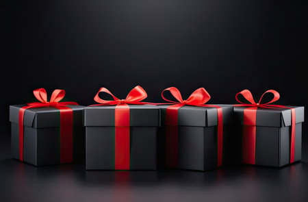 Black Friday sale concept. Image with some stylish black gift boxes and red ribbon on black background.の写真素材