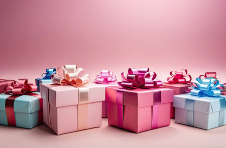 Pink gift boxes with ribbons on pink background