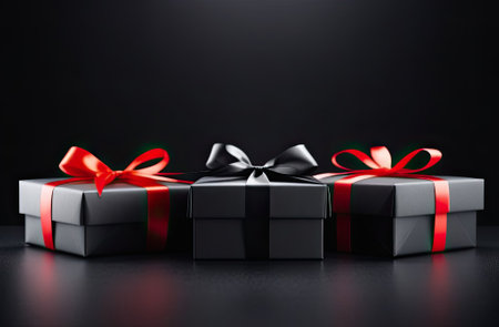 Black Friday sale concept. Image with some stylish black gift boxes and red ribbon on black background.の写真素材