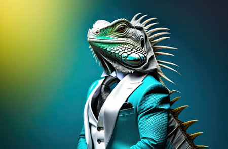 Stylish portrait of glamor dressed up iguana. Creative portrait of domestic animal on bright background.の写真素材