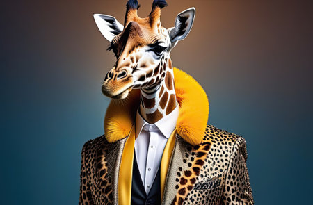 Stylish portrait of glamor dressed up giraffe. Creative portrait of domestic animal on bright background.の写真素材