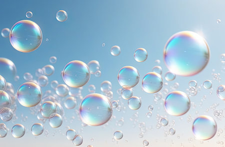 Macro close up of soap bubbles. Transparent drops liquid bubbles molecules. Colorful Abstract Background.の写真素材