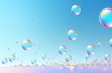 Macro close up of soap bubbles. Transparent drops liquid bubbles molecules. Colorful Abstract...