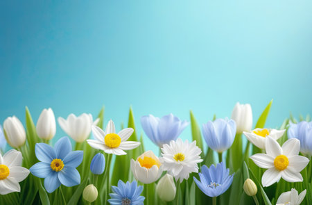 Top view photo of fresh colorful flowers. Colorful flowers decoration. Pastel blue, green and white colors. Greeting card for spring holidays. Template for Birthday, Women's Day, Mother's Day.の写真素材