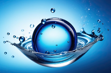 Splash of clear liquid cosmetic product. Gel texture with bubbles. Lots organic oil bubbles on blue background. Concept of skin moisturizing. Oil and water bubbles macro photography.の写真素材