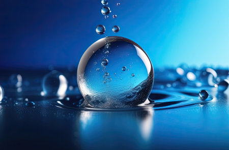 Splash of clear liquid cosmetic product. Gel texture with bubbles. Lots organic oil bubbles on blue background. Concept of skin moisturizing. Oil and water bubbles macro photography.の写真素材