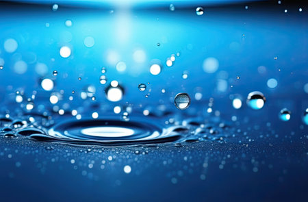 Splash of clear liquid cosmetic product. Gel texture with bubbles. Lots organic oil bubbles on blue background. Concept of skin moisturizing. Oil and water bubbles macro photography.の写真素材