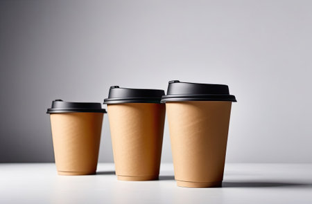 Eco friendly paper craft cups for coffee with black lid on the white wooden background. Zero waste, plastic free concept. Sustainable lifestyle. Front view.の写真素材