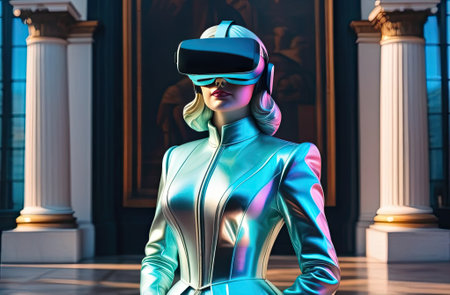 The portrait of young people wearing VR glasses, holographic and neon gradient colors. Technology, Contemporary art, Virtuality, video games concept.の写真素材