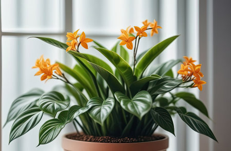 A little twig of houseplant with many beautiful flowers on the light background.の写真素材