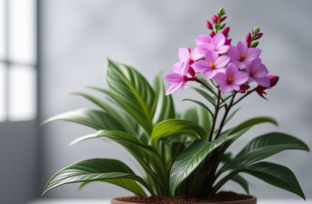A little twig of houseplant with many beautiful flowers on the light background.の写真素材