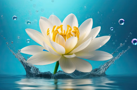 Beautiful background with flowers under water. Beautiful floating vanilla flower underwater with splash und bubbles, pastel blue colors.の写真素材