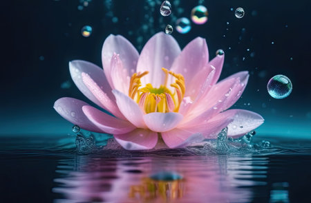 Beautiful background with flowers under water. Beautiful floating vanilla flower underwater with splash und bubbles, pastel blue colors.の写真素材