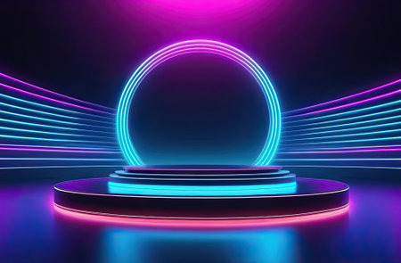 Neon colored empty podium or pedestal for product presentation. Product display mockup.の写真素材