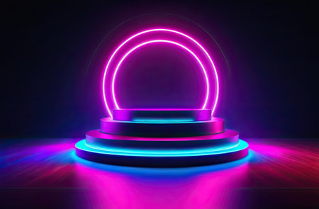 Neon colored empty podium or pedestal for product presentation. Product display mockup.の写真素材