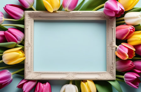 Pastel colors frame with free place for text made from lot of tulips. Greeting card for spring holidays. Template for Birthday, Women's Day, Mother's Day. Floral picture.の写真素材