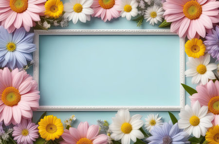 Pastel colors frame with free place for text made from lot of spring flowers. Greeting card for spring holidays. Template for Birthday, Women's Day, Mother's Day. Floral picture.の写真素材