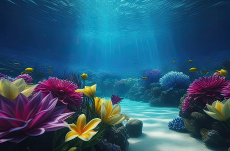 Beautiful background with flowers under water. Beautiful floating vanilla flower underwater with splash und bubbles, pastel blue colors.の写真素材
