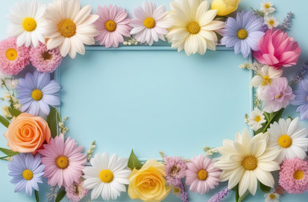 Pastel colors frame with free place for text made from lot of spring flowers. Greeting card for spring holidays. Template for Birthday, Women's Day, Mother's Day. Floral picture.の写真素材