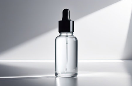 Glass dropper bottle with a pippette with rubber tip on the beautiful background. Nature Skin concept. Organic Spa Cosmetics. Eco friendly care organic Cosmetic product. Beauty treatment. Spa Concept.の写真素材