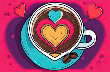 A cup of coffee cappuccino with a heart on it and with some candies or sweets.の写真素材