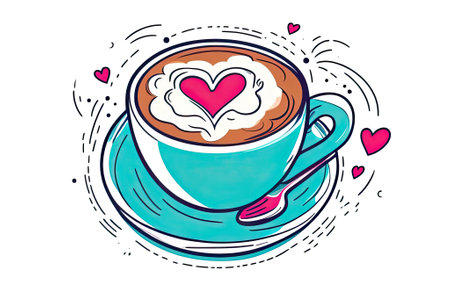 A cup of coffee cappuccino with a heart on it and with some candies or sweets.の写真素材