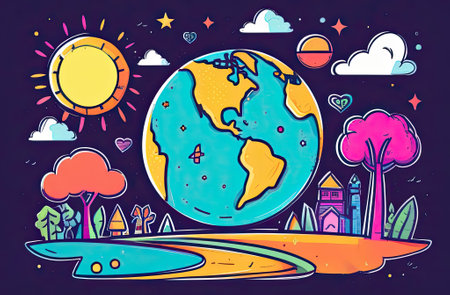 Planet Earth illustration, cartoon, water planet earth, living planet. Save the Planet Concept. Happy Earth Day.の写真素材