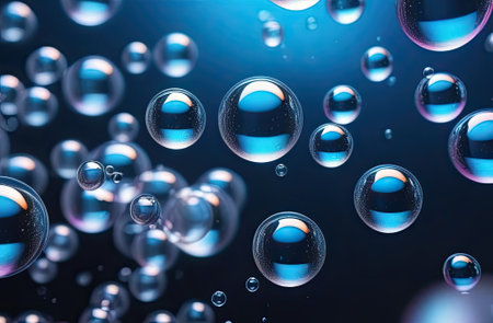 Lots organic oil bubbles on colored background. Concept of skin moisturizing. Oil and water bubbles macro photography.の写真素材