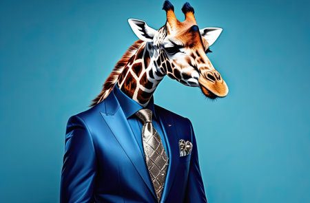 Stylish portrait of glamor dressed up giraffe. Creative portrait of domestic animal on bright background.の写真素材