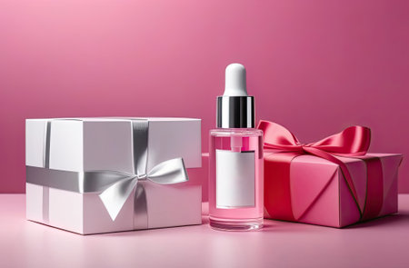 Serum glass bottle with pipette on the white cube and white gift box with silver ribbon bow near on pink background. Natural Organic Spa Cosmetics. Trendy concept. Front view.の写真素材