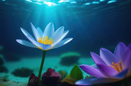 Beautiful background with flowers under water. Beautiful floating vanilla flower underwater with splash und bubbles, pastel blue colors.の写真素材