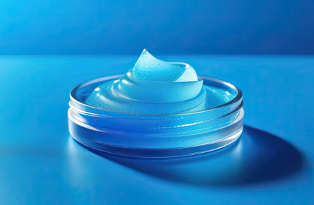 Top view of clean natural gel smears or drops placed on blue backgroundの写真素材