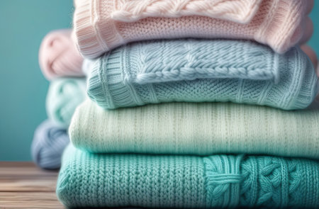 Close Up image of stack of some knitted sweaters. Macrophotography. Autumn and winter clothes. Cozy knitted sweater background.の写真素材