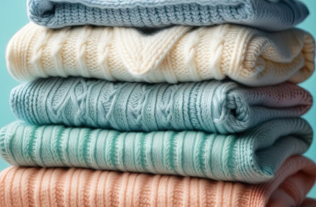 Close Up image of stack of some knitted sweaters. Macrophotography. Autumn and winter clothes. Cozy...